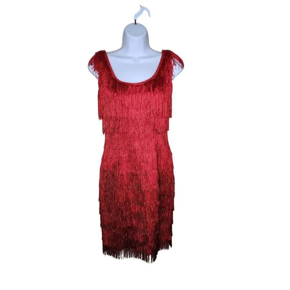 Vintage Roberta 80s Does 20s Flapper Fringe Cocktail Dress Womens Size 3 Red Gat